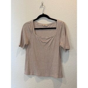 Faherty Womens Striped Square Neck‎ Ribbed Top Brown Large
